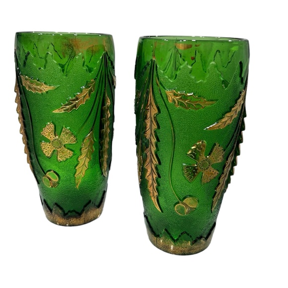 2 VINTAGE EARLY AMERICAN PATTERN GLASS DELAWARE EMERALD GREEN & GOLD VASES - Picture 7 of 16